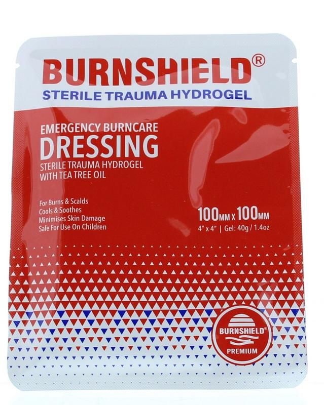 Burnshield Hydrogel kompres for burns, 10x10cm, sterile wound dressing, single pack, suitable for burn injuries.