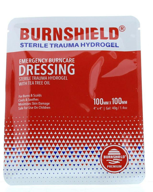 Burnshield Hydrogel kompres for burns, 10x10cm, sterile wound dressing, single pack, suitable for burn injuries.