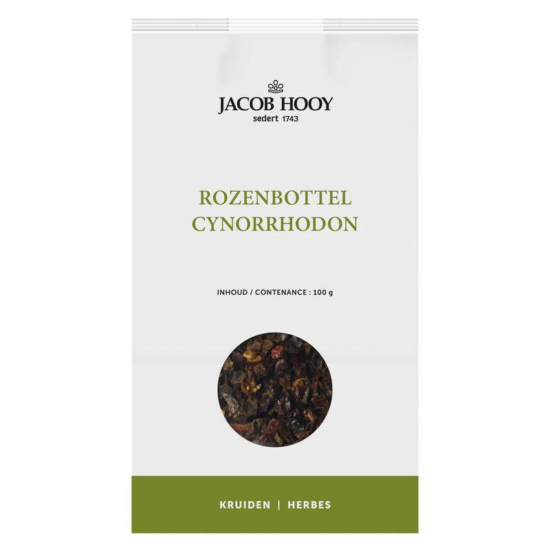 Jacob Hooy dried rosehip slices in a 100g package, used as herbal ingredients or in meal mixes.