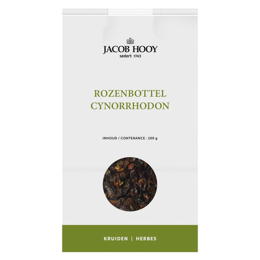 Jacob Hooy dried rosehip slices in a 100g package, used as herbal ingredients or in meal mixes.