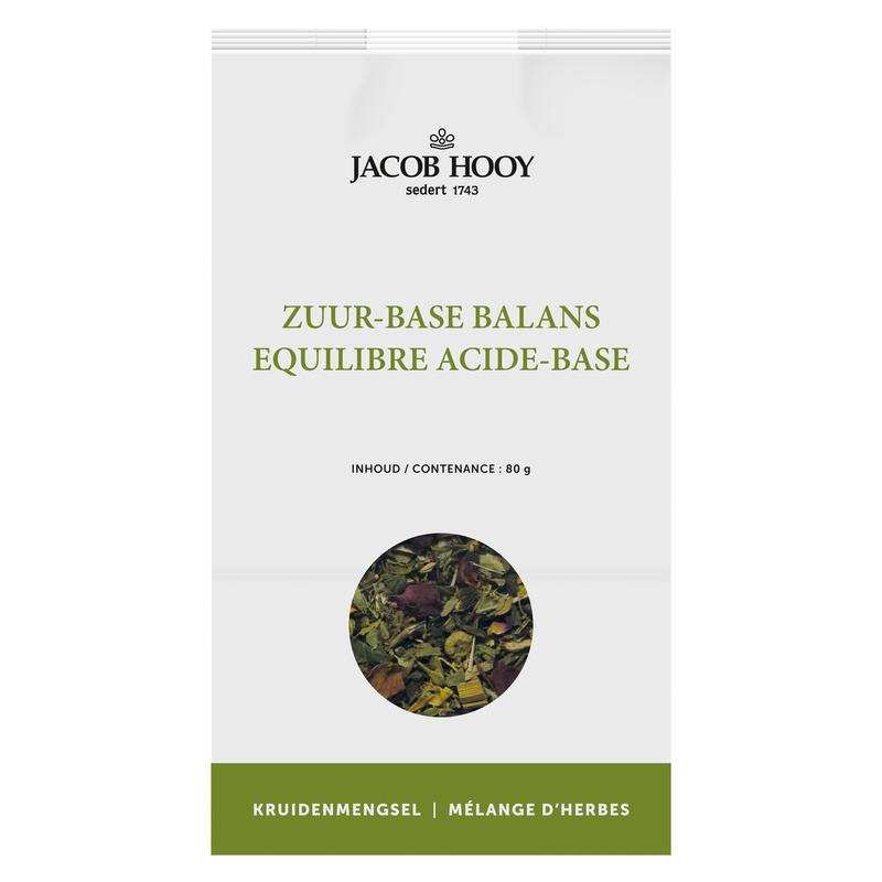 Jacob Hooy Zuur Base Balans herbal, salt, and meal mix in a 80g package, featuring natural herbs and ingredients for balanced nutrition.