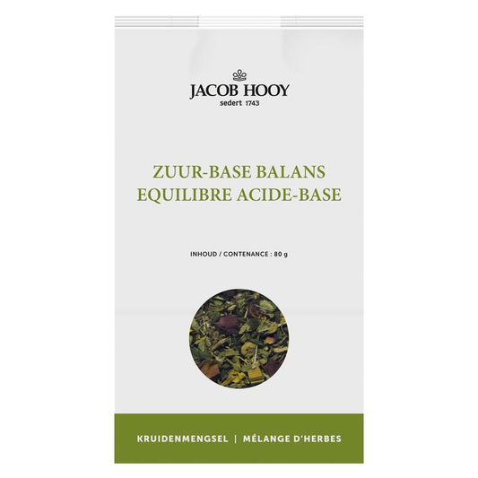 Jacob Hooy Zuur Base Balans herbal, salt, and meal mix in a 80g package, featuring natural herbs and ingredients for balanced nutrition.