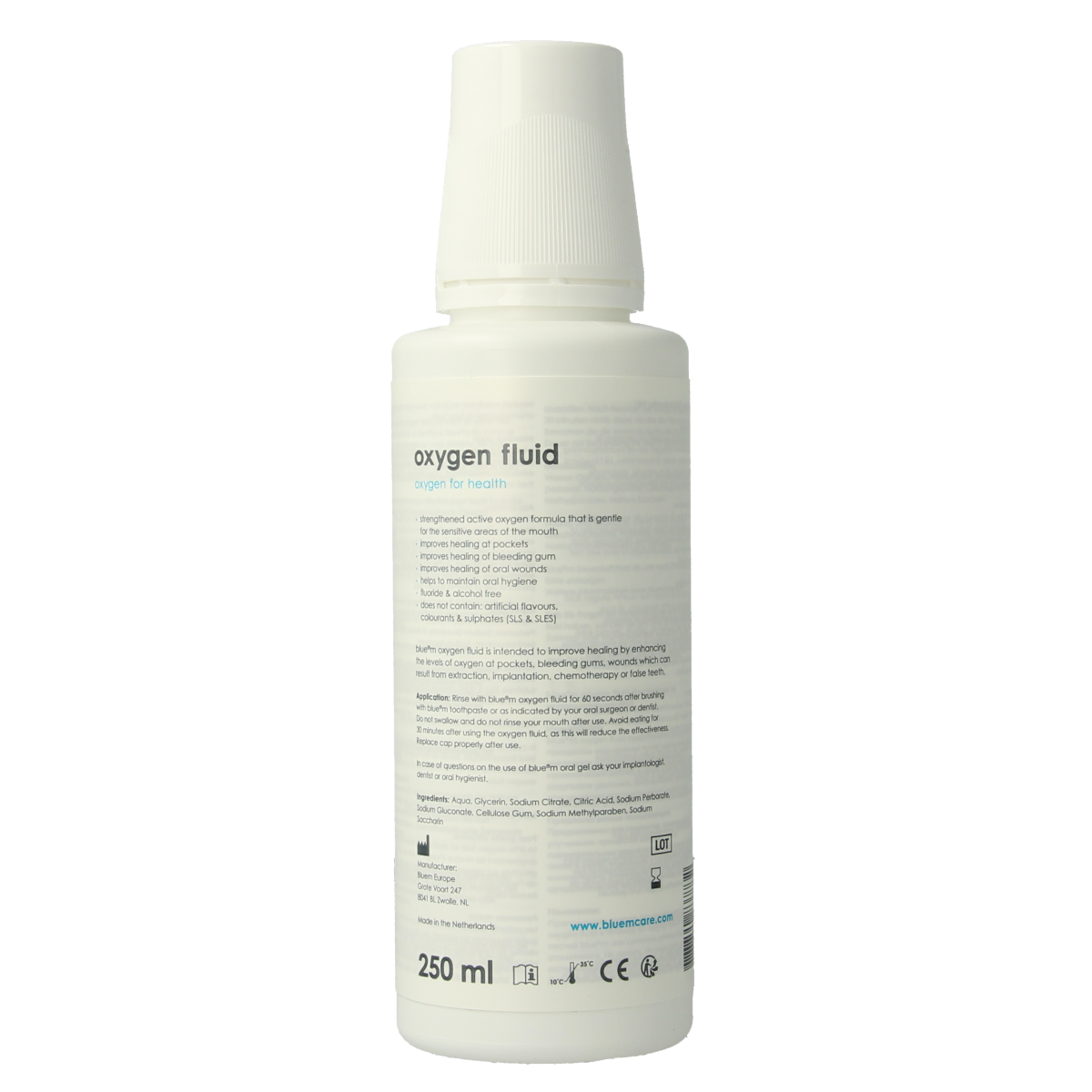 Bluem Mondwater oxygen fluid in a 250ml bottle, a mouthwash for freshening breath and oral hygiene.