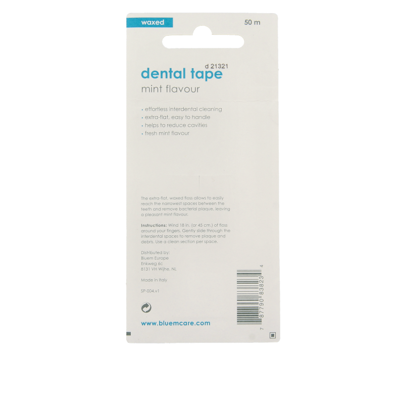Bluem dental floss tape 50 meter for oral hygiene and brushing control, shown in a close-up image.