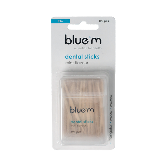 Bluem Dental sticks for oral care, 120 pieces, natural mouth cleaning sticks with a sleek packaging design.
