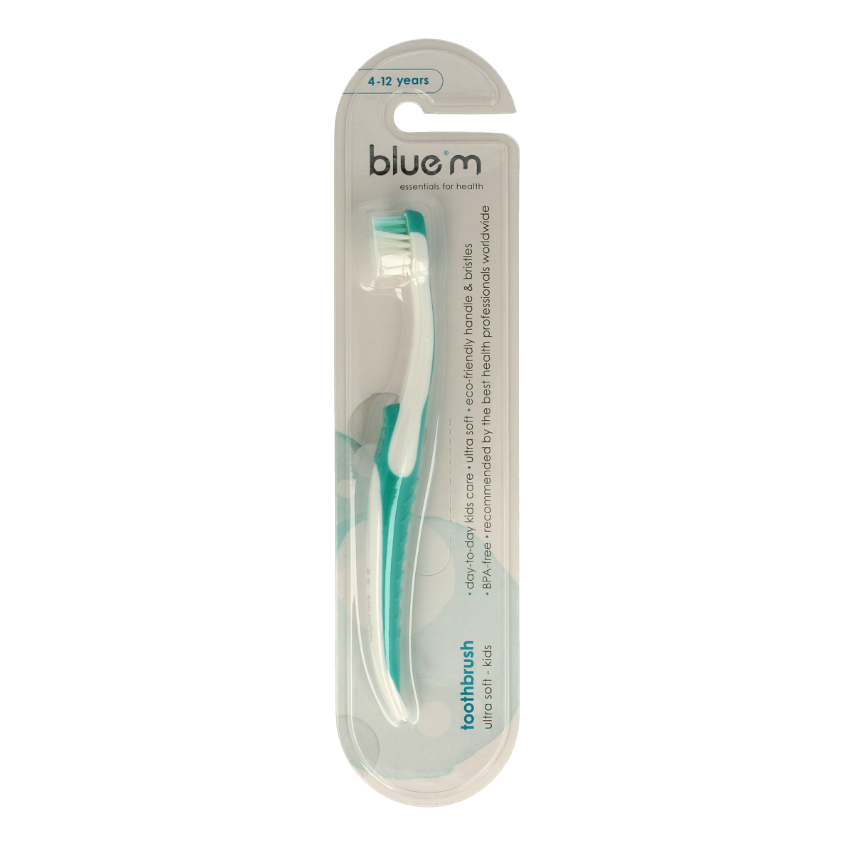Bluem kids mint toothbrush with soft bristles, designed for children, shown in the image.