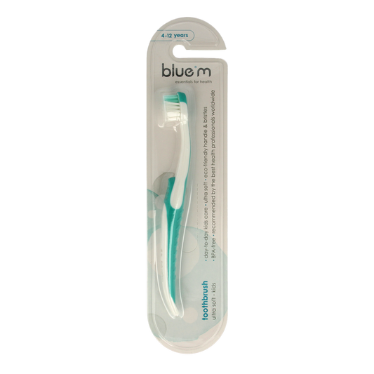 Bluem kids mint toothbrush with soft bristles, designed for children, shown in the image.