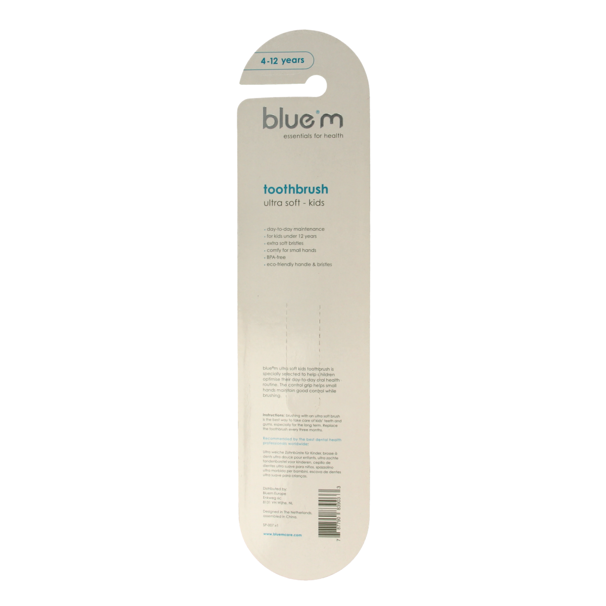 Blue Bluem kids' mint toothbrush with soft bristles, designed for children's oral hygiene, shown in the image.