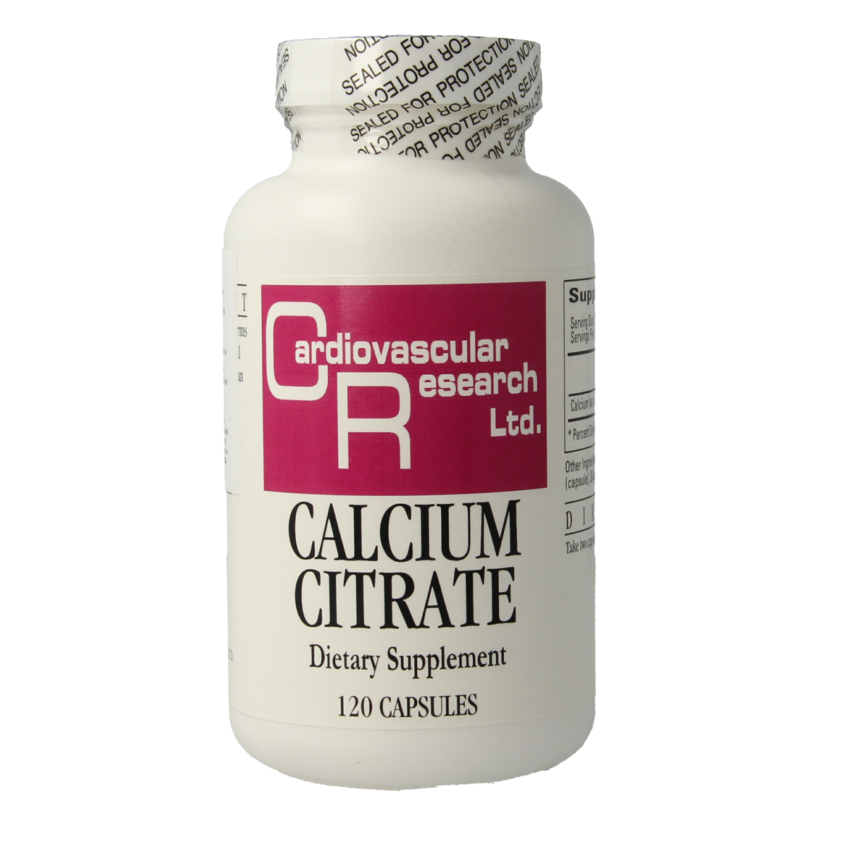 Cardio Vasc Res Calcium Citraat 165mg mineral supplement capsules, softgel container, showing the product bottle and capsules.