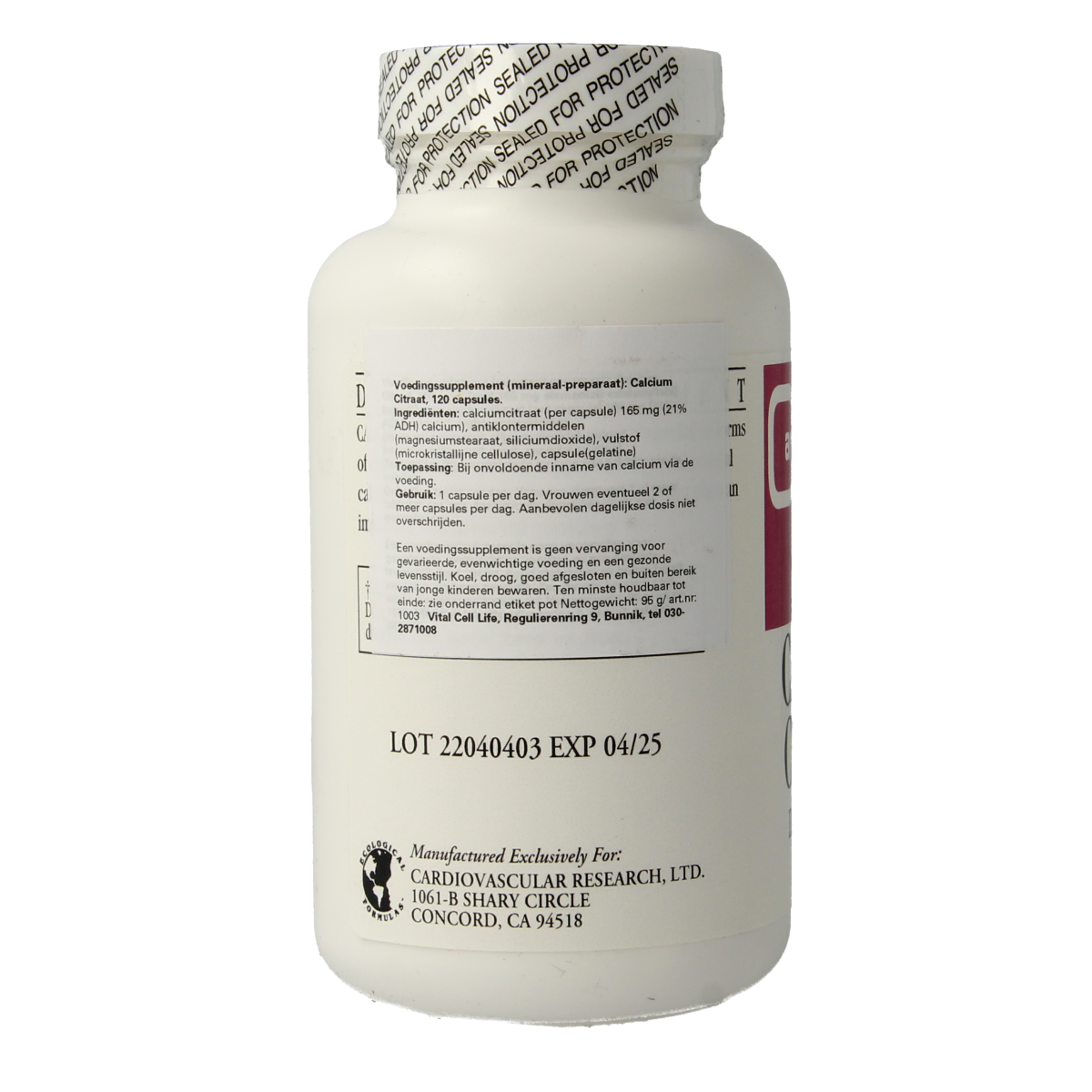 Cardio Vasc Res Calcium Citraat 165mg mineral capsules, showing a close-up of the bottle and capsules inside.