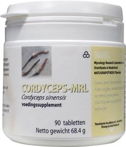 MRL Cordyceps herbal supplement in 90 tablets, showing the supplement bottles and packaging of the herbal product.