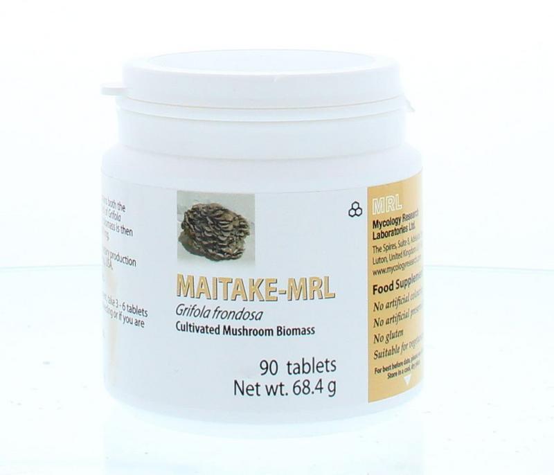 MRL Maitake herbal supplement in 90 tablets, featuring natural mushroom extract in a white bottle with label.