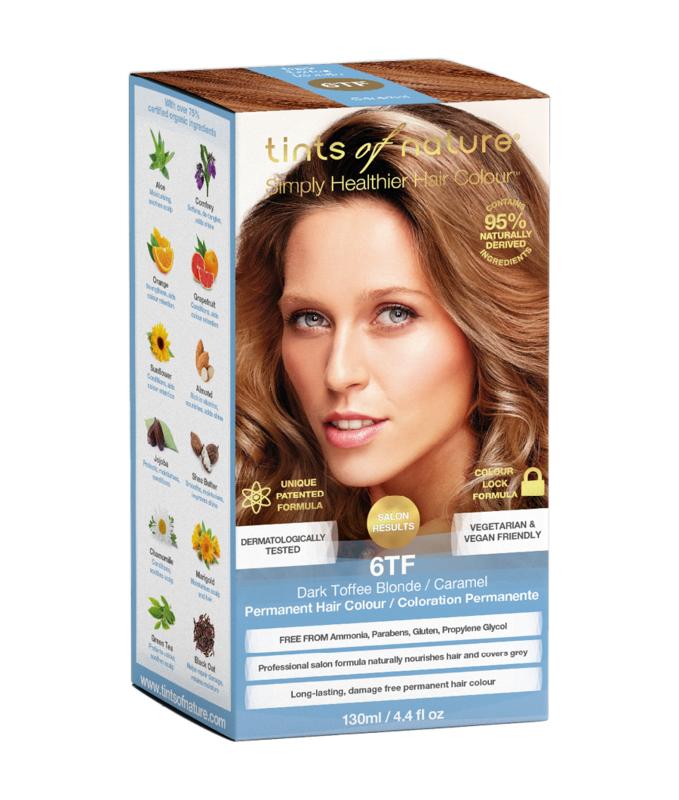 Tints of Nature 6TF toffee hair coloring set with hair dye, developer, and applicator for natural-looking toffee shade