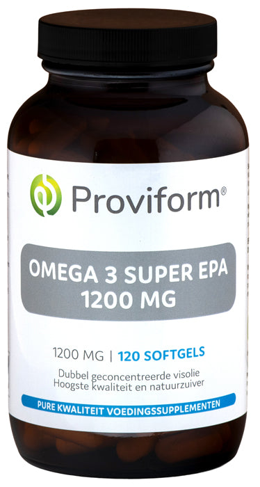Proviform Omega 3 Super EPA 1200 mg softgels, Vetzuren supplement with 120 softgels, showing clear softgel capsules in the image.