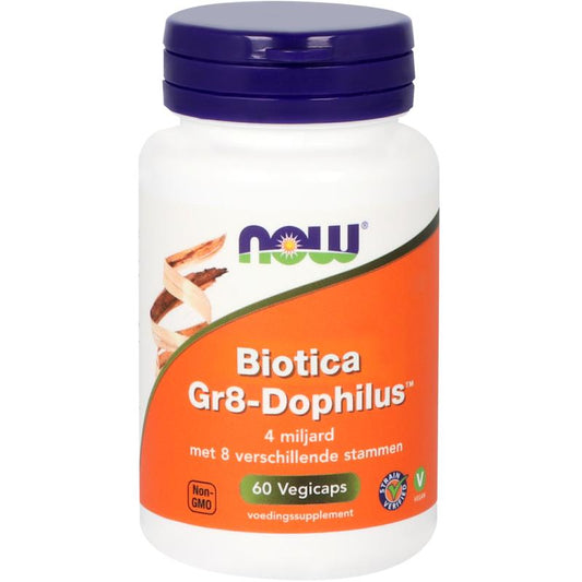 NOW Biotica Gr8-dophilus vegetarian capsules containing micro-organisms, shown in a bottle with label on a white background.