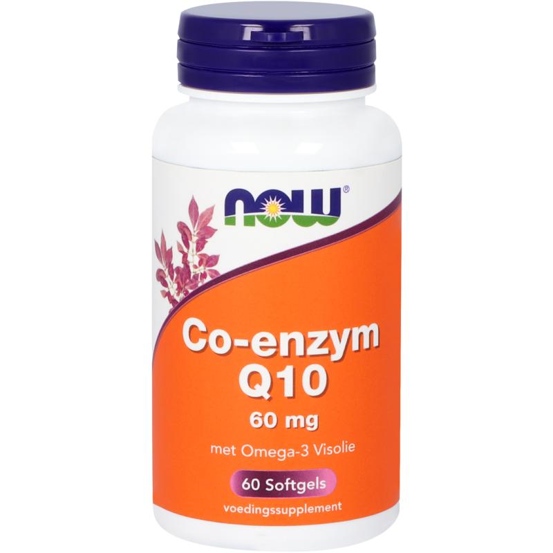 NOW Co-enzym Q10 and omega-3 softgels supplement in a bottle, featuring 60 softgel capsules with vitamin and omega-3 benefits.