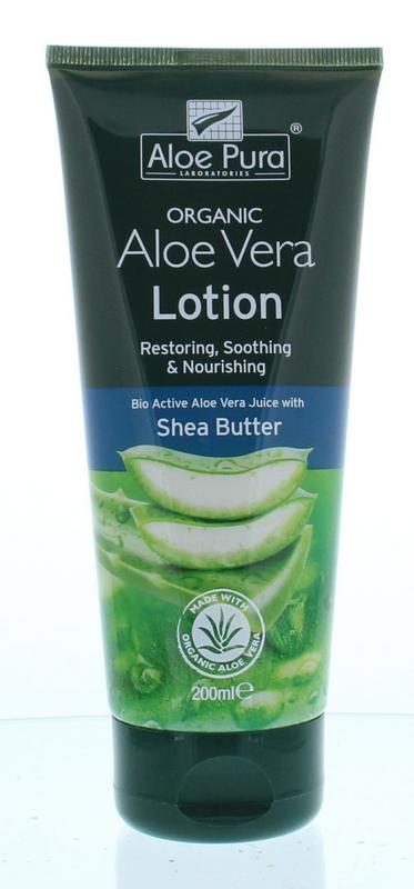 Optima Aloe Pura organic aloe vera lotion 200ml for body care, featuring a clear bottle with green aloe vera leaves on the label.