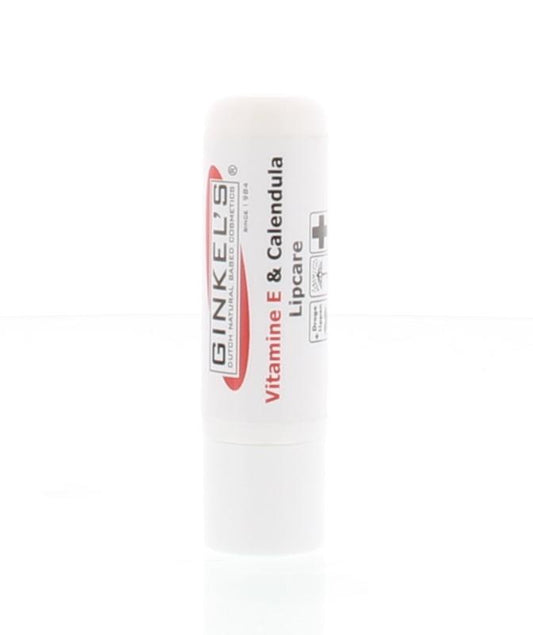 Ginkel's Vitamin E & Calendula Lipverzorging lipstick in a 5g tube, designed to nourish and protect lips.