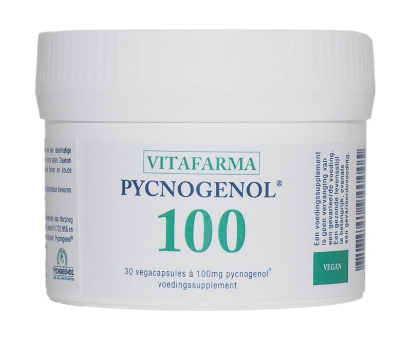 VitaFarma Pycnogenol 100 vegetarian capsules, herbal supplement in a clear bottle with white cap and label.