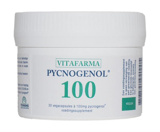 VitaFarma Pycnogenol 100 vegetarian capsules, herbal supplement in a clear bottle with white cap and label.