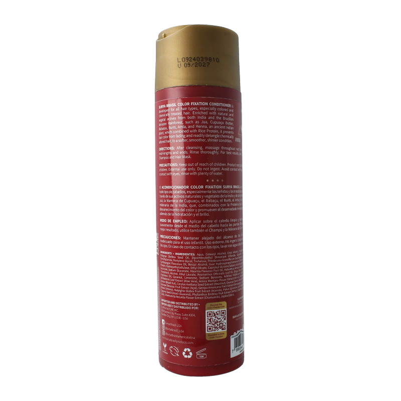 Surya Brasil Color Fixation Conditioner 250ml, hair care product in a white bottle with green label and flip-top cap.