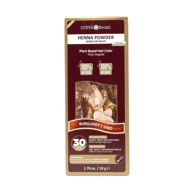 Surya Brasil Burgundy Henna Hair Coloring Powder in 50 grams, showing reddish-burgundy hair dye powder in a container.