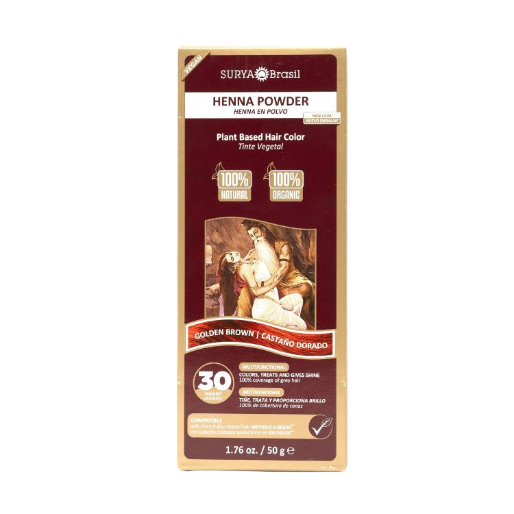 Surya Brasil Henna haarverf poeder goud bruin in 50g container, natural hair coloring powder for warm brown hair tones