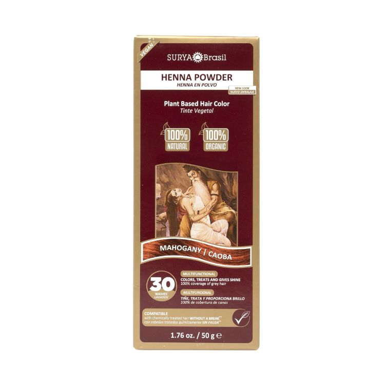 Surya Brasil Henna Haarverf Poeder Mahogany, 50g, natural hair coloring powder with reddish-brown hue and detailed packaging.