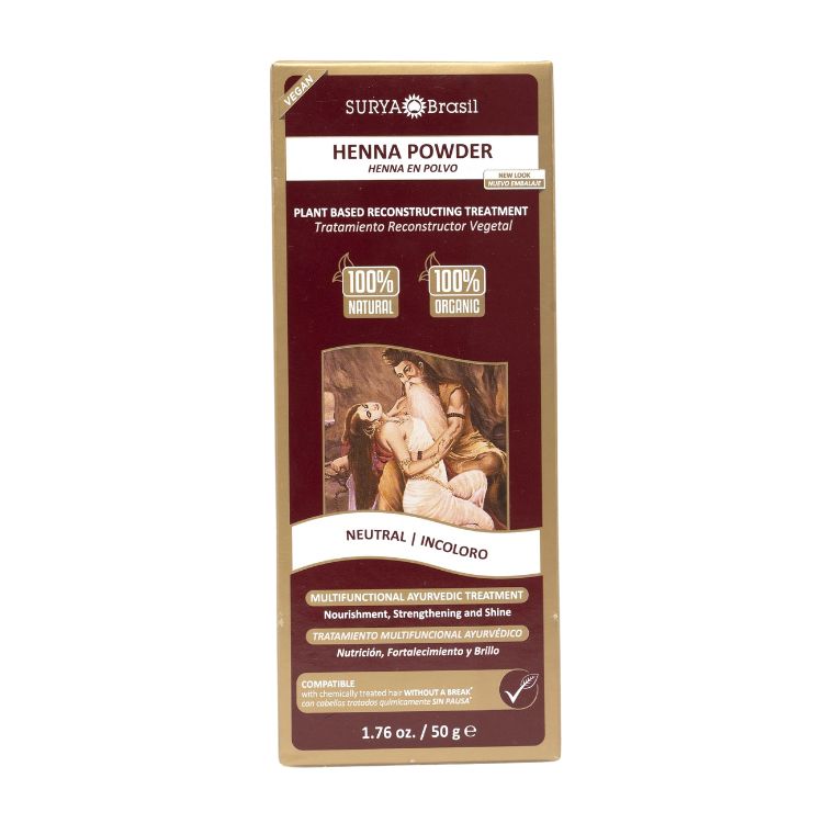 Surya Brasil Henna haarverf poeder neutraal in 50g, natural hair coloring powder with brand logo and product packaging.