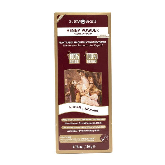 Surya Brasil Henna haarverf poeder neutraal in 50g, natural hair coloring powder with brand logo and product packaging.