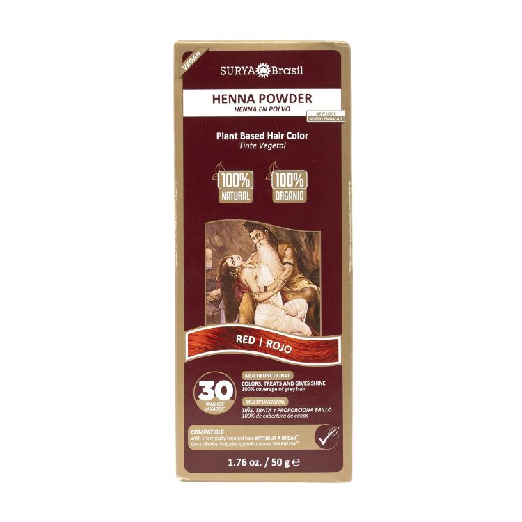 Surya Brasil Henna haarverf poeder rood in 50g package, natural hair coloring powder with vibrant red hue.