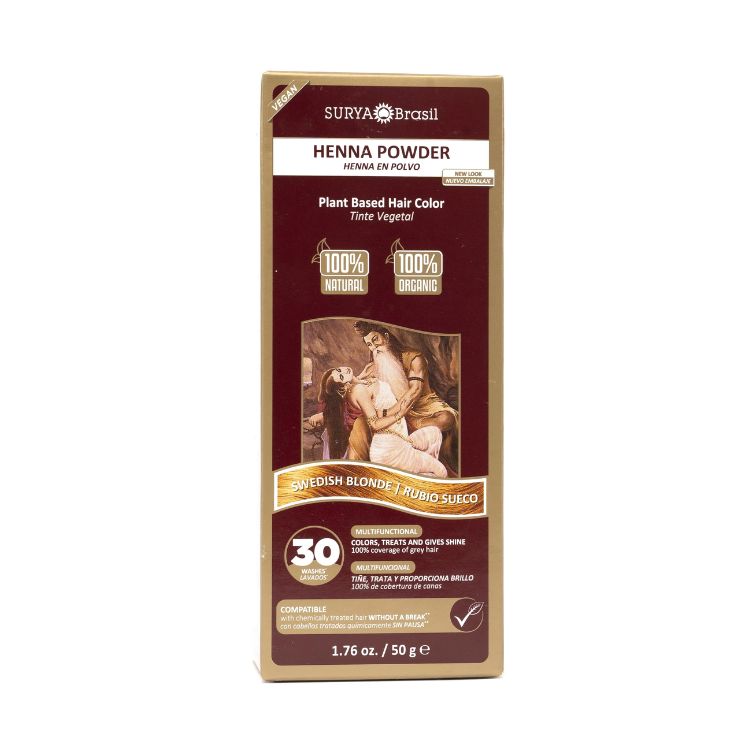 Surya Brasil Henna haarverf poeder in Swedish Blonde, 50g, showing the natural henna powder for hair coloring.