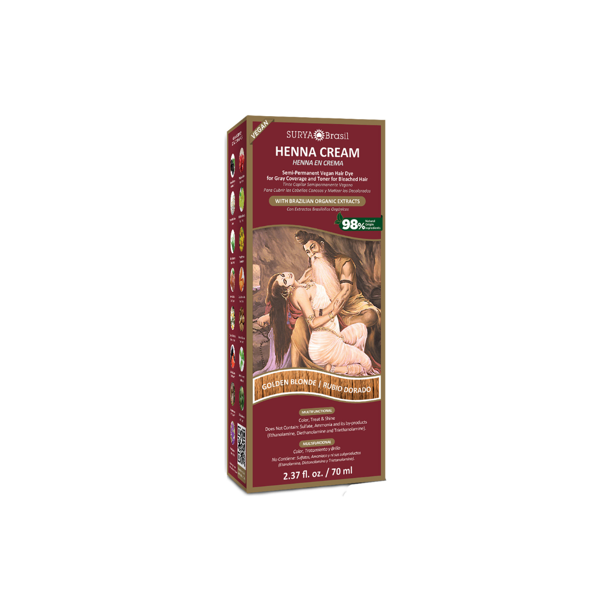 Surya Brasil Henna haarverf crème goud blond 70ml, creamy hair coloring product with golden blond shade in a tube.