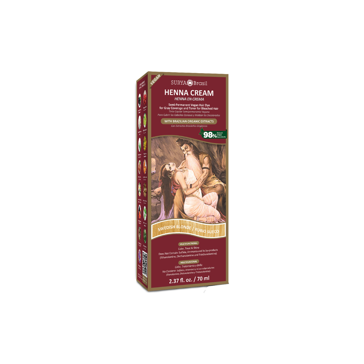 Surya Brasil Henna haarverf cream in Swedish blonde, 70ml, showing the tube with product label and packaging detail.