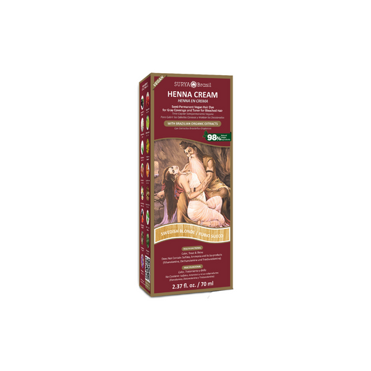 Surya Brasil Henna haarverf cream in Swedish blonde, 70ml, showing the tube with product label and packaging detail.