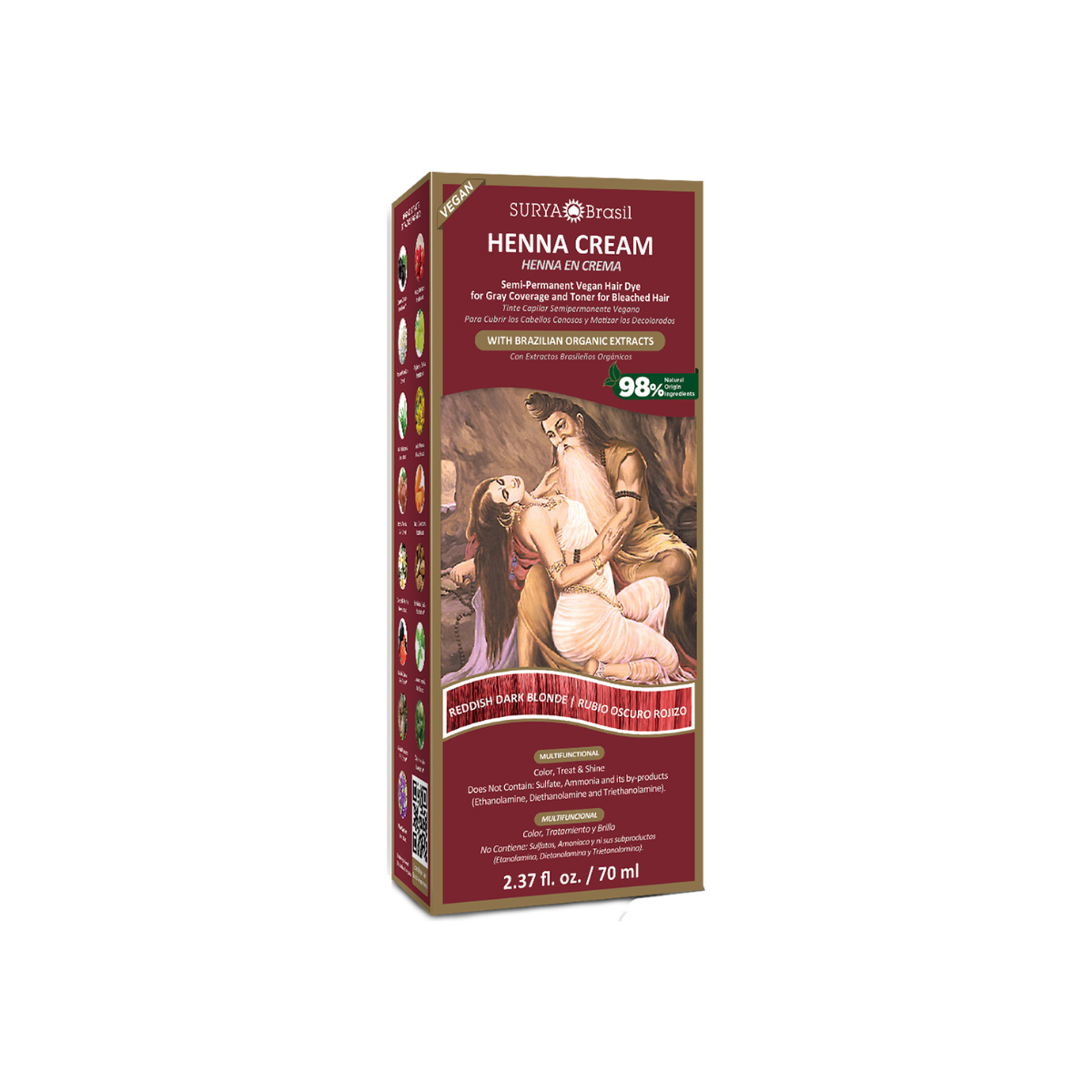 Surya Brasil Henna hair coloring cream in reddish dark blonde, 70ml tube, showing the product and packaging.