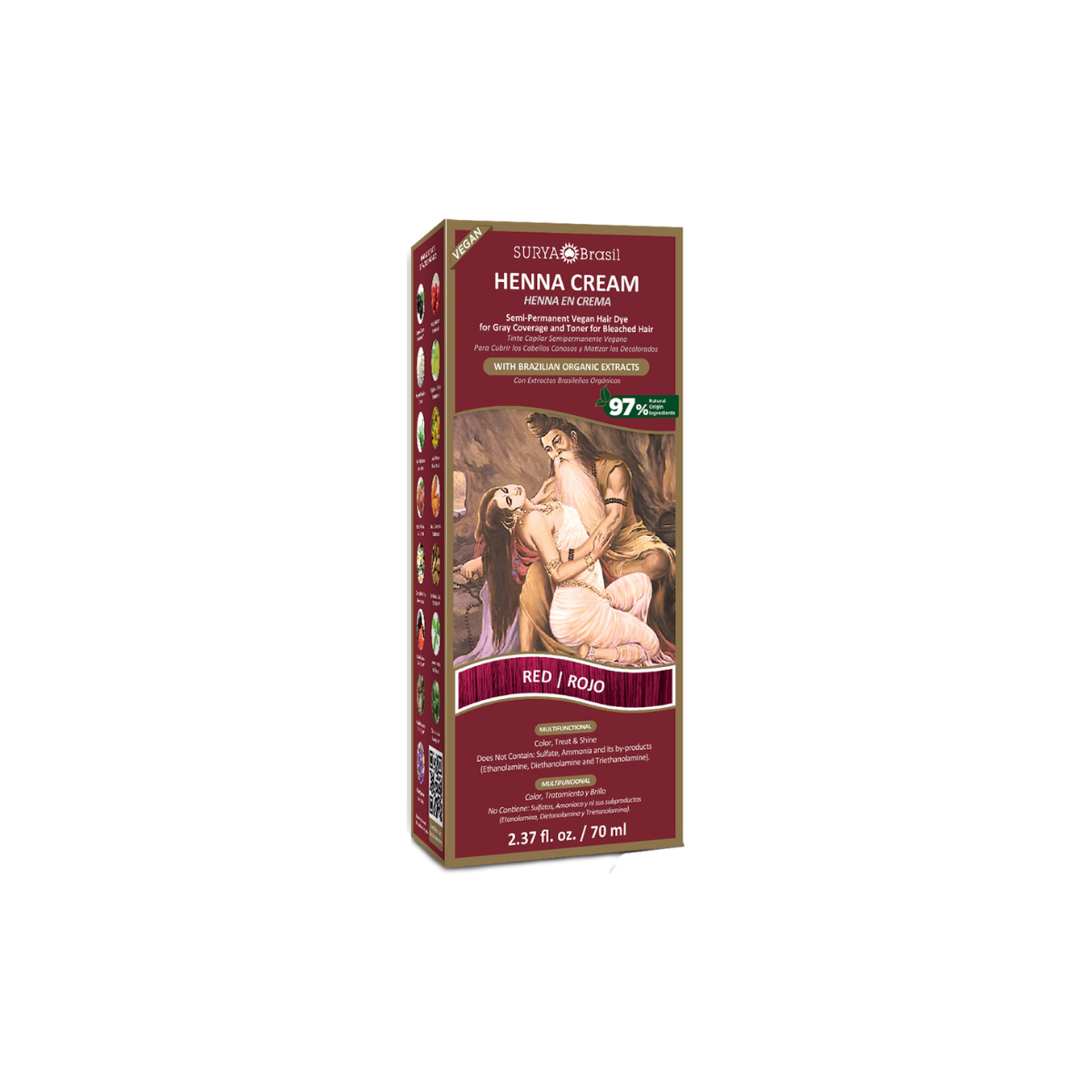 Surya Brasil Henna haarverf creme rood in 70ml tube, showing vibrant red hair coloring product from the front.