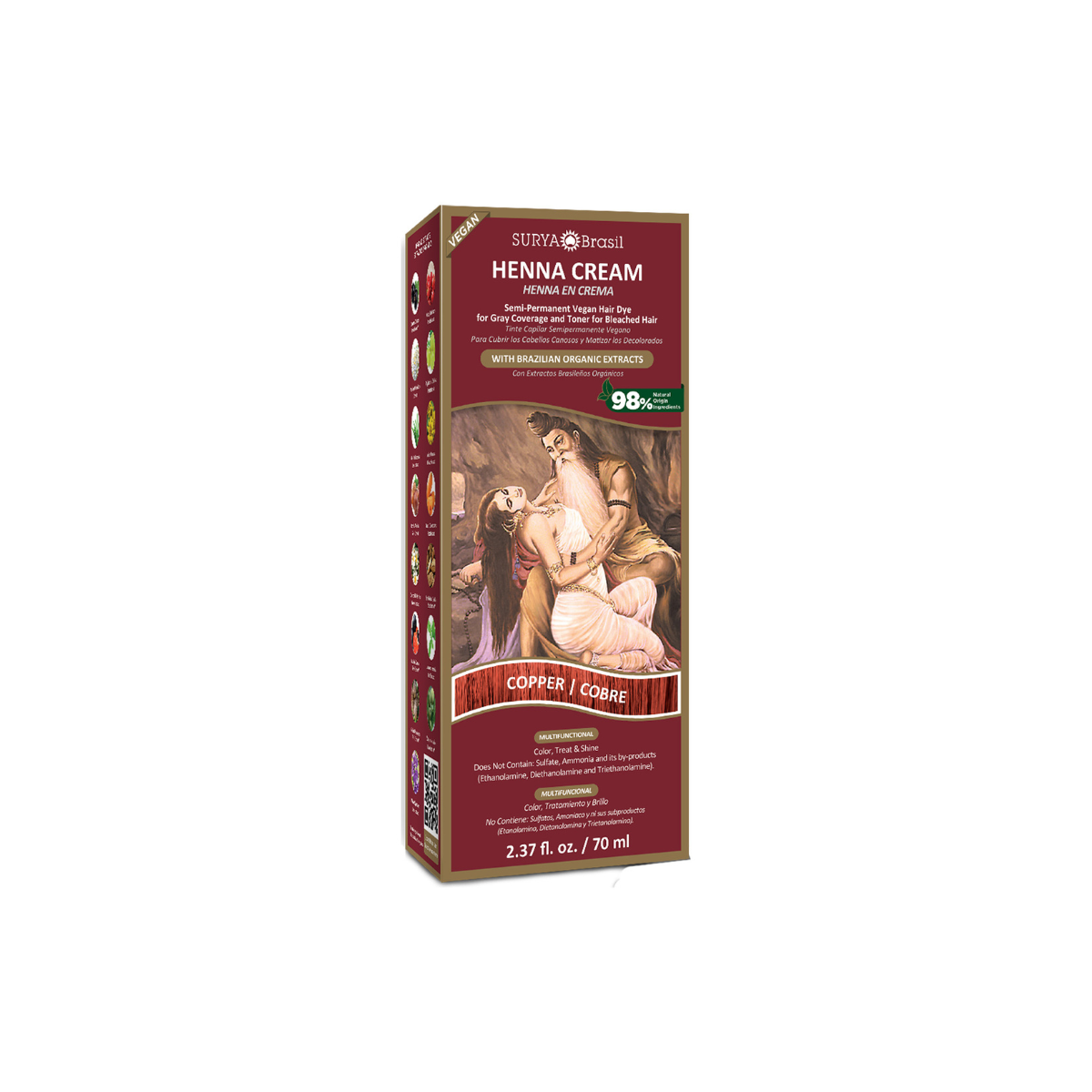 Surya Brasil Henna hair dye cream in copper, 70ml, applying vibrant copper color to hair with a creamy texture.