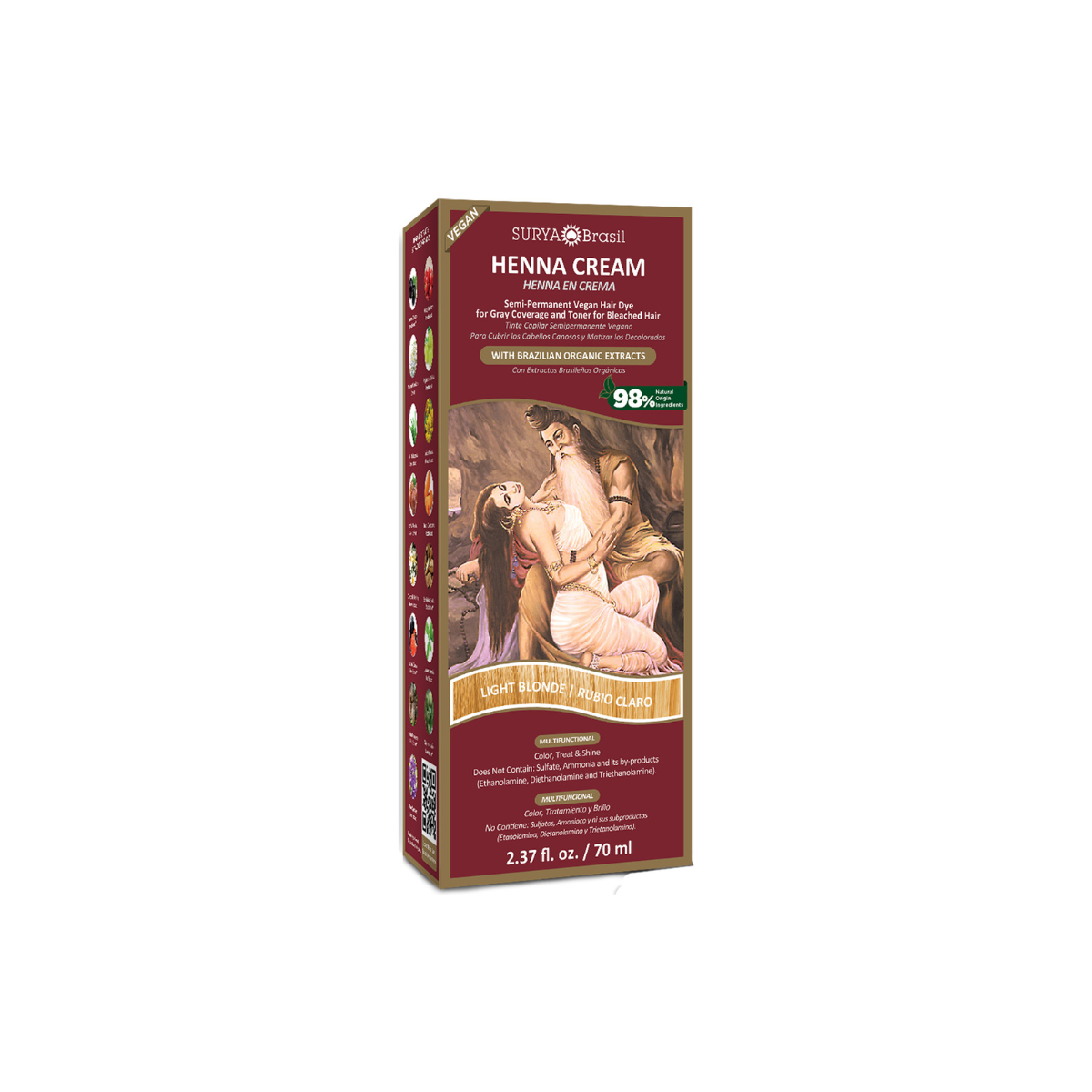 Surya Brasil Henna haarverf crème in licht blond, 70ml, showing tube of natural hair coloring product for light blonde shades.