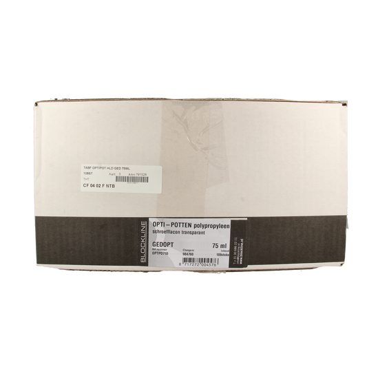 Blockland verpakflacon optipot helder gedopt 75ml, verpakkingsmateriaal voor tablets, 108 stuks in afbeelding.
