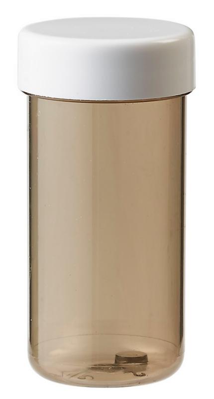 Blockland Plastobel brown dotted tablet bottles in 50ml packaging, shown in a stack of 90 units for pharmaceutical storage.