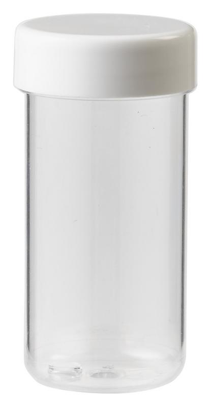 Blockland Plastobel transparent plastic pill bottles with child-proof caps, 15ml, shown in a close-up image.