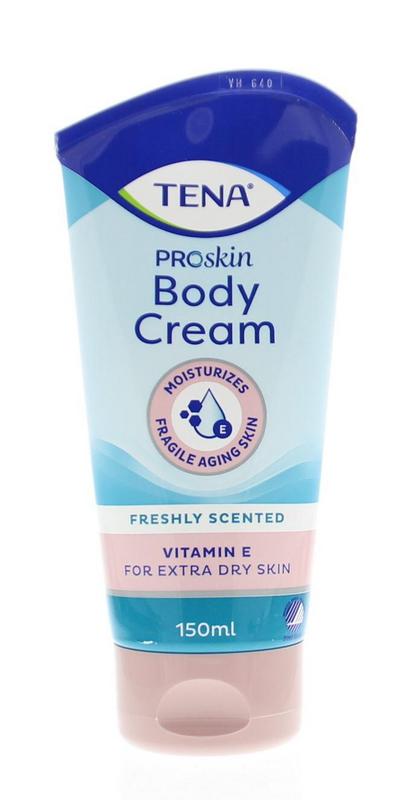 Tena Skin cream 150ml bottle, featuring smooth, creamy texture for body skincare, displayed on a neutral background.