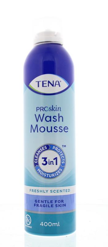 Tena Wash mousse 400ml, body care product in a pump bottle with white and blue label, designed for gentle skin cleansing.