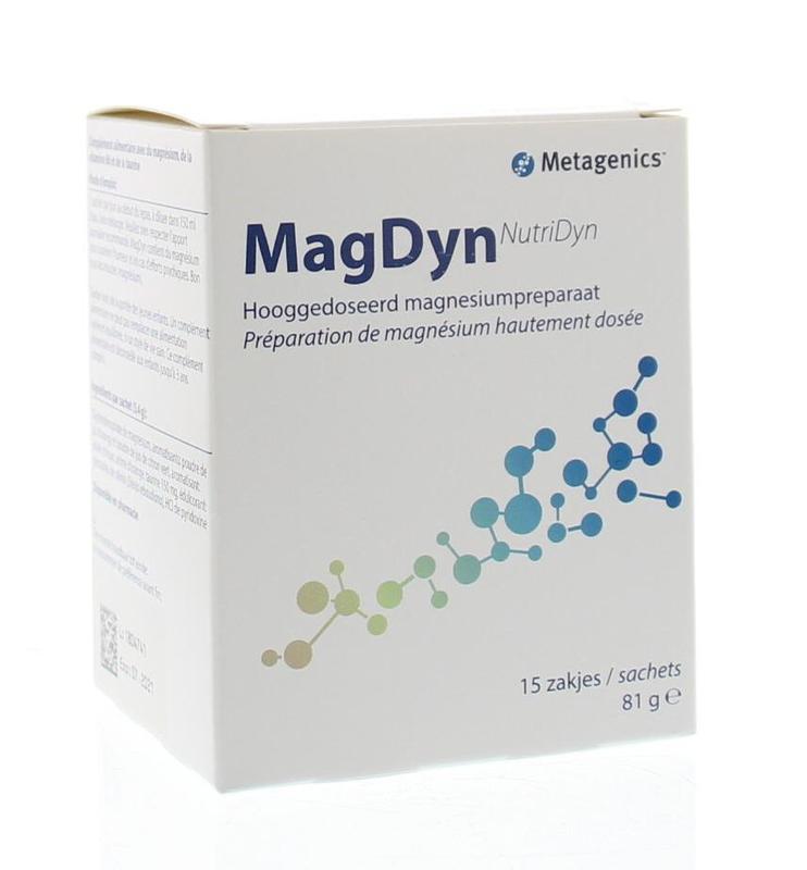 Bottle of Metagenics Mag Dyn mineral multivitamins, showing 15 capsules in a clear container.