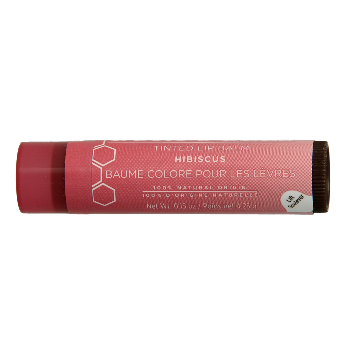 Burt's Bees Hibiscus lip balm in a 4.25 gram container, natural lip care product with a colorful hibiscus design.