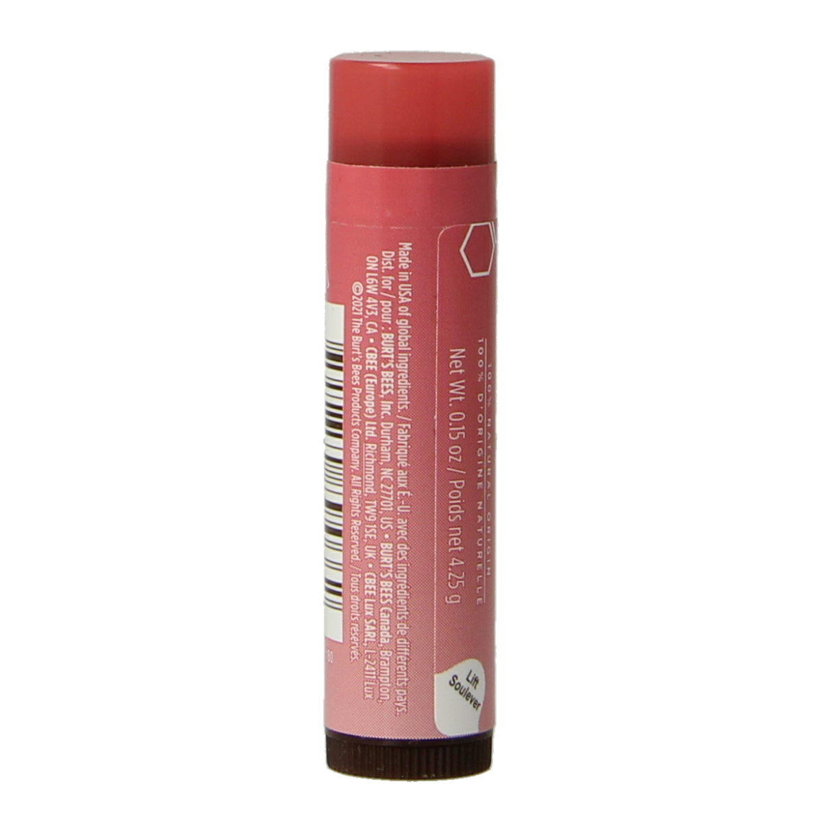 Burt's Bees tinted rose lip balm in a 4.25 gram container, featuring natural lip care with a subtle rose hue.