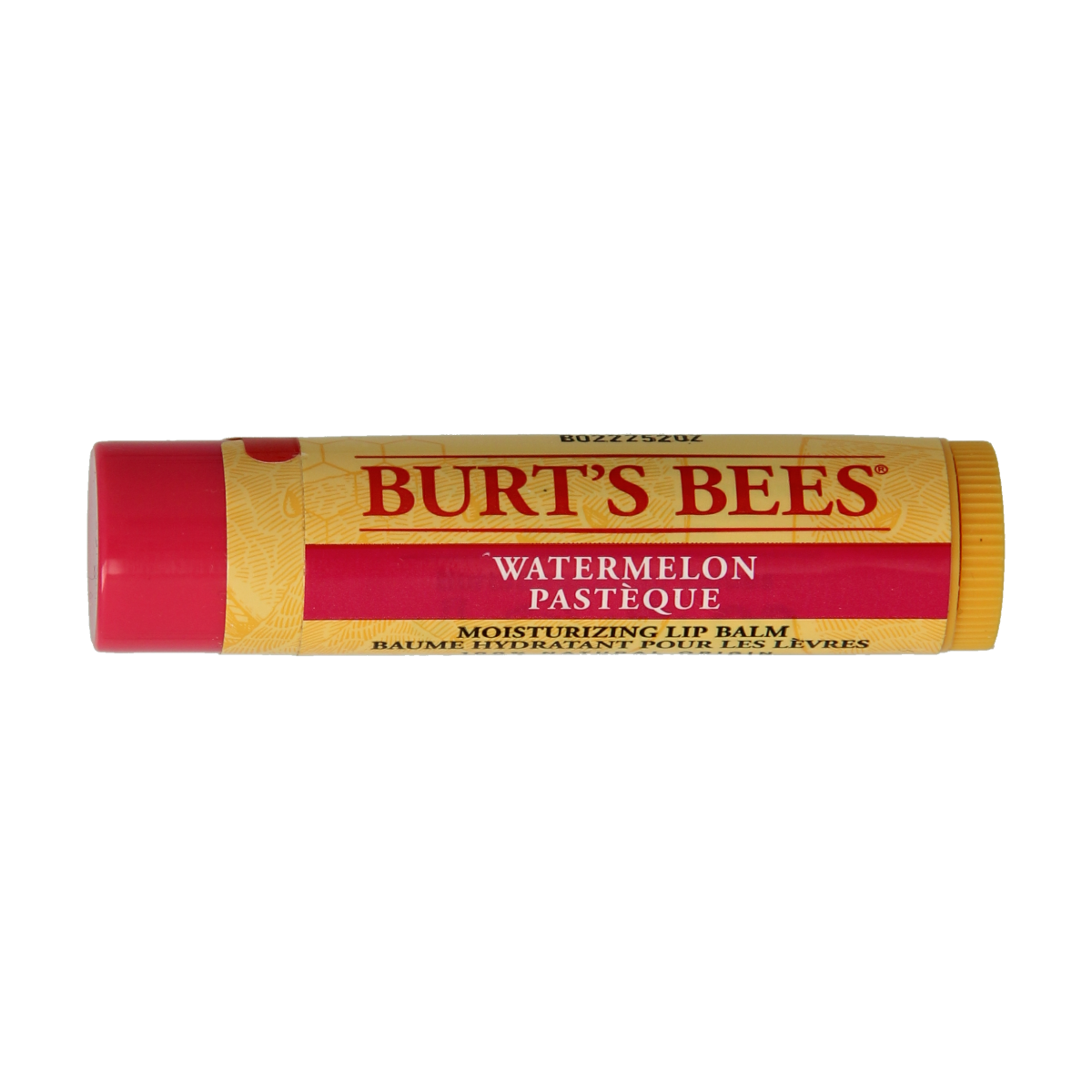 Burt's Bees watermelon lip balm in a 4g tube, natural lip moisturizer with watermelon flavor and beeswax for soft lips.