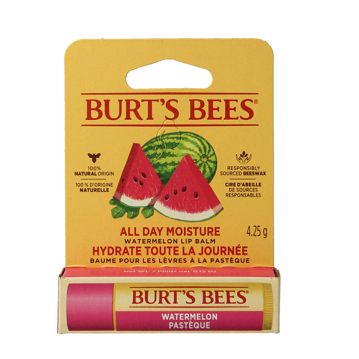 Burt's Bees Watermelon Lip Balm in a 4.25g blister pack, natural lip moisturizer with watermelon flavor