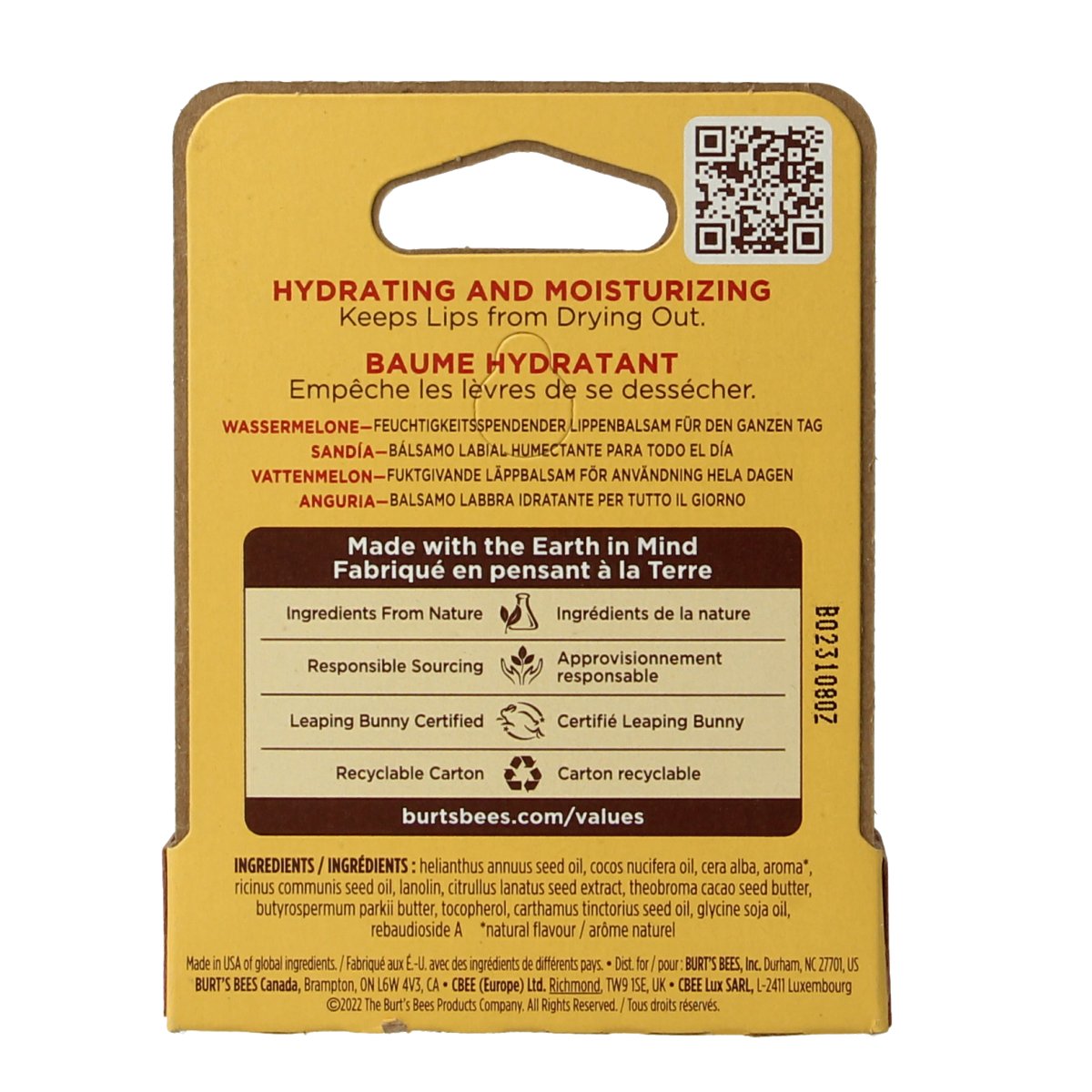Burt's Bees watermelon lip balm in a 4.25g blister pack, natural lip care with moisturizing properties.